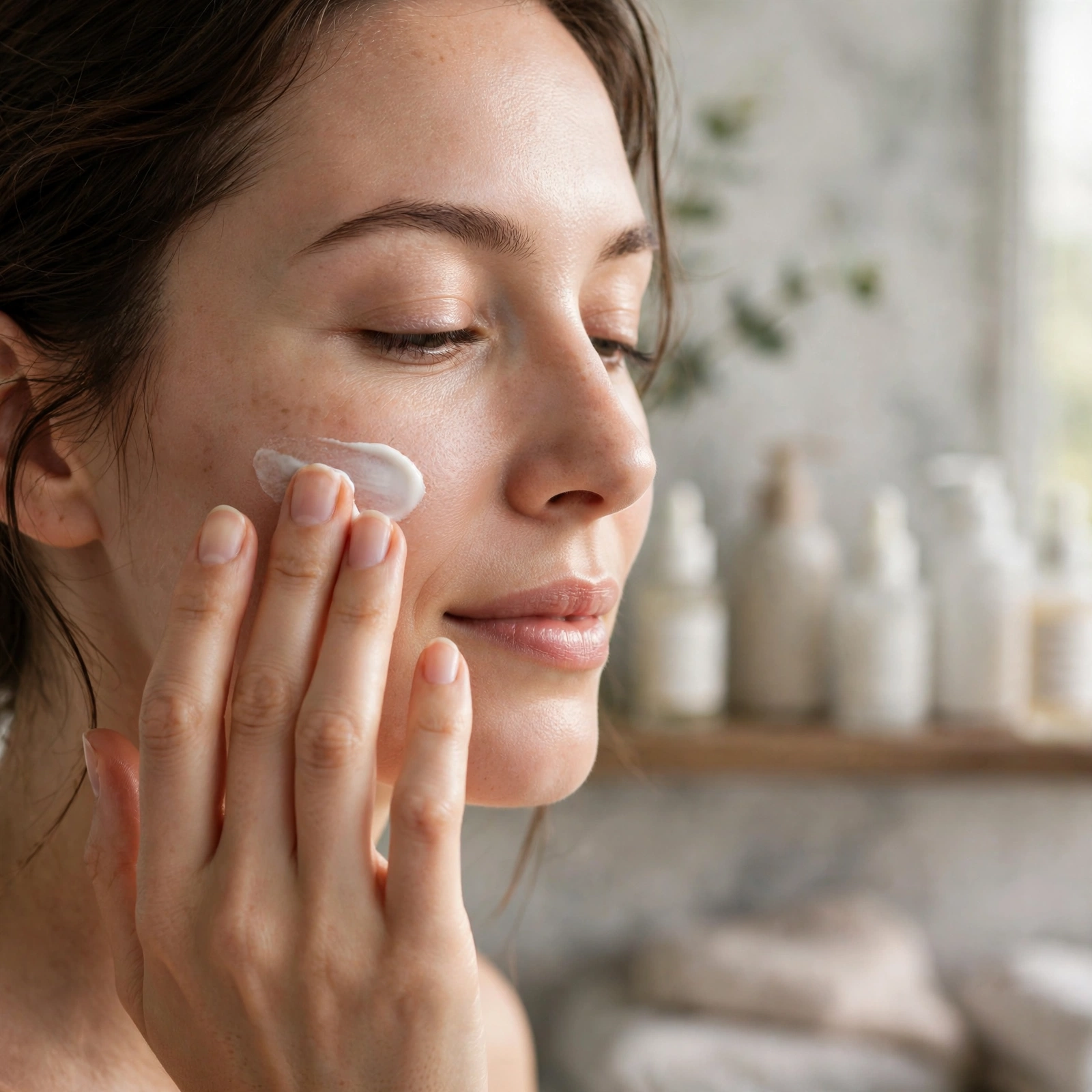 Woman gently applying fragrance-free moisturizer to her cheek as part of a sensitive skin routine