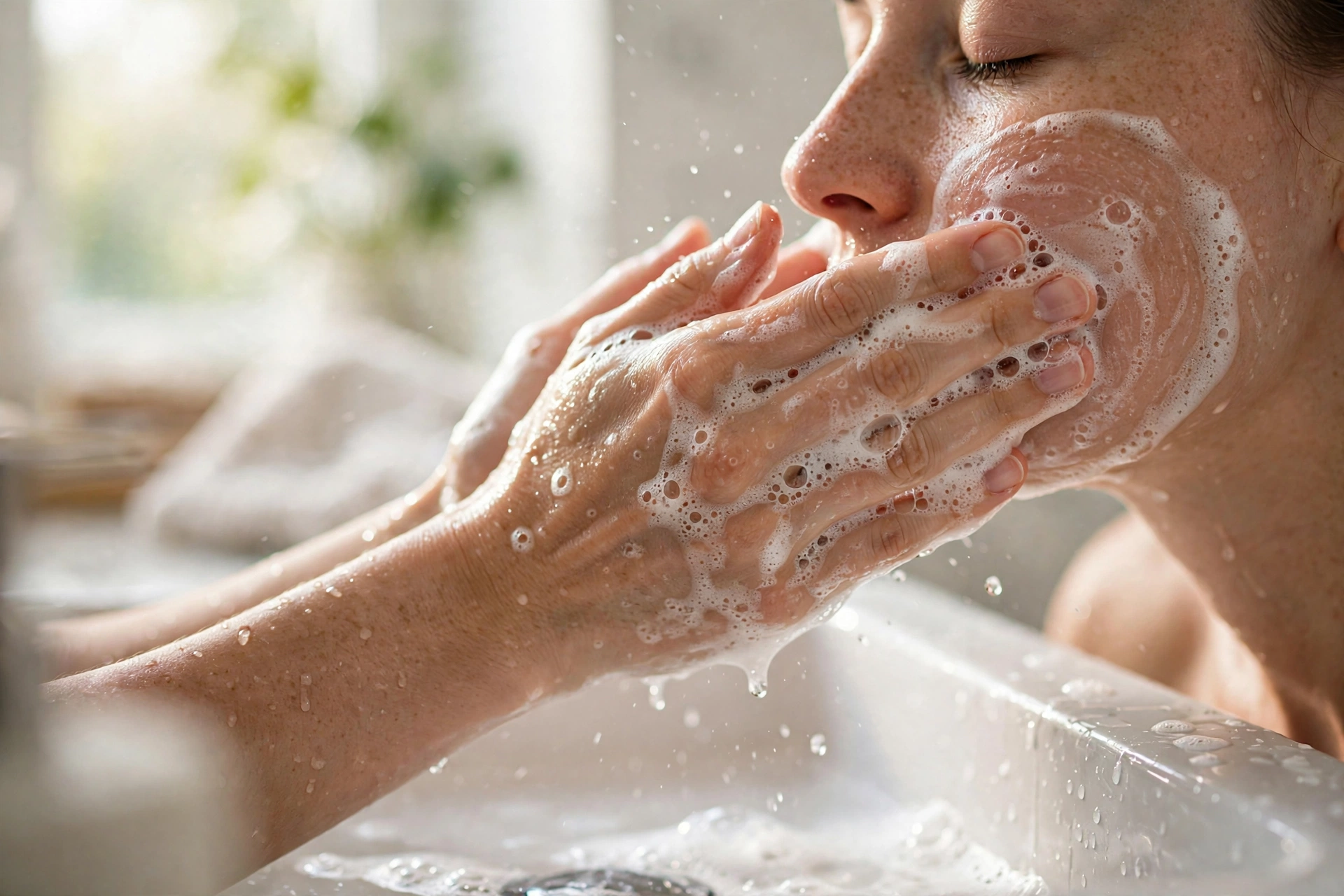 Hands lathering foaming gel cleanser over a face at a bathroom sink in the morning
