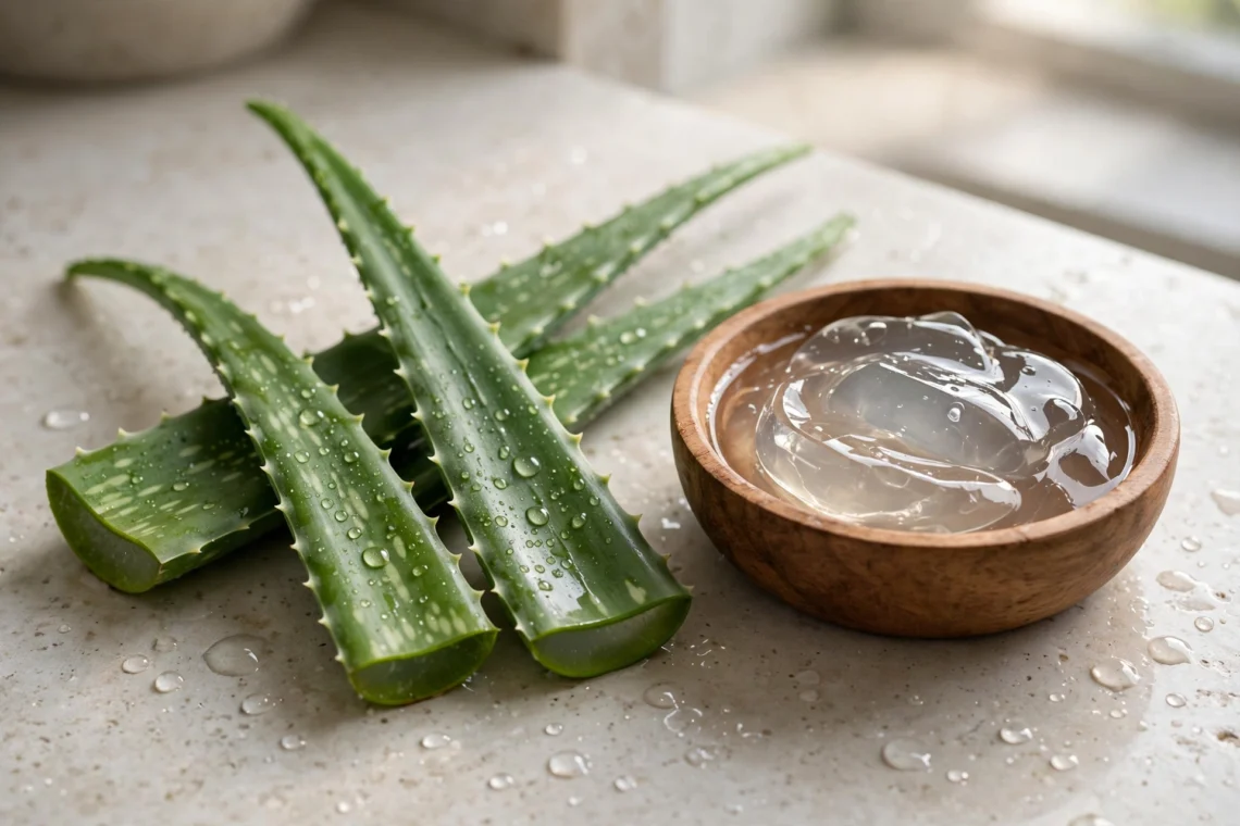 Aloe vera leaves beside a bowl of clear aloe gel on a stone surface
