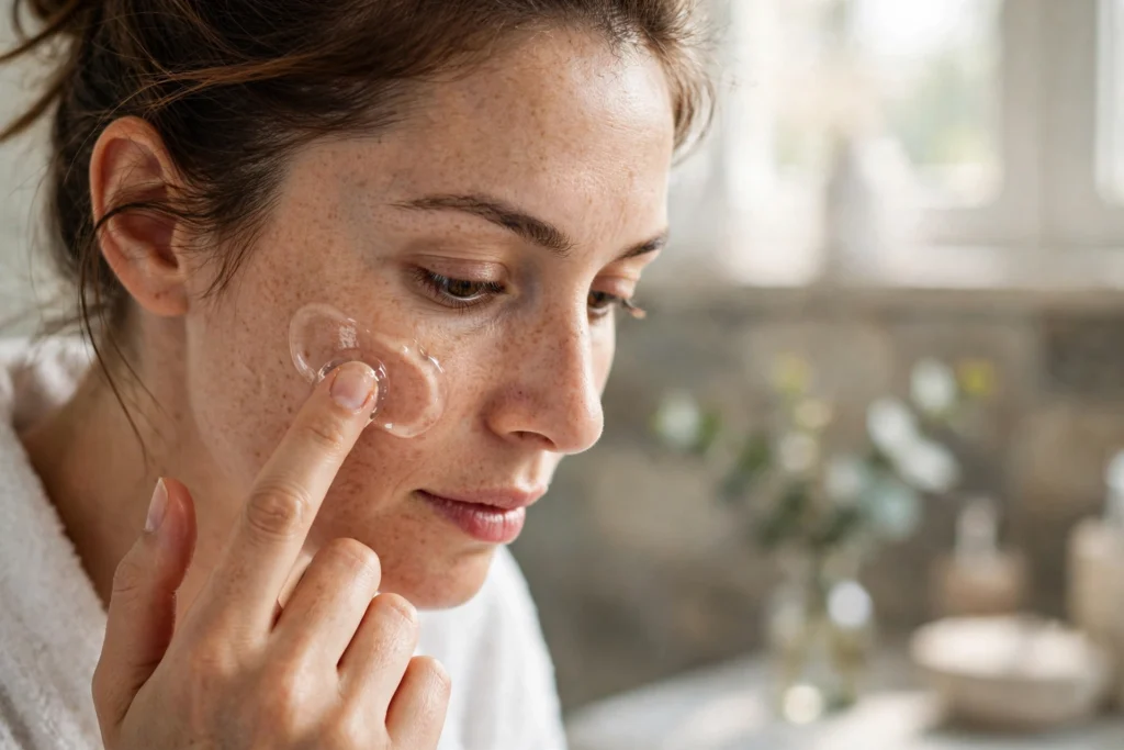 A woman applying clear aloe vera gel to her cheek