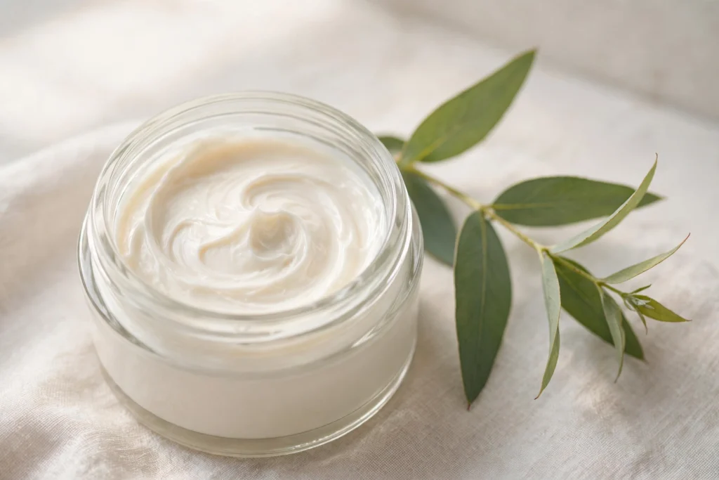 Open cream jar with swirl texture beside a green plant leaf