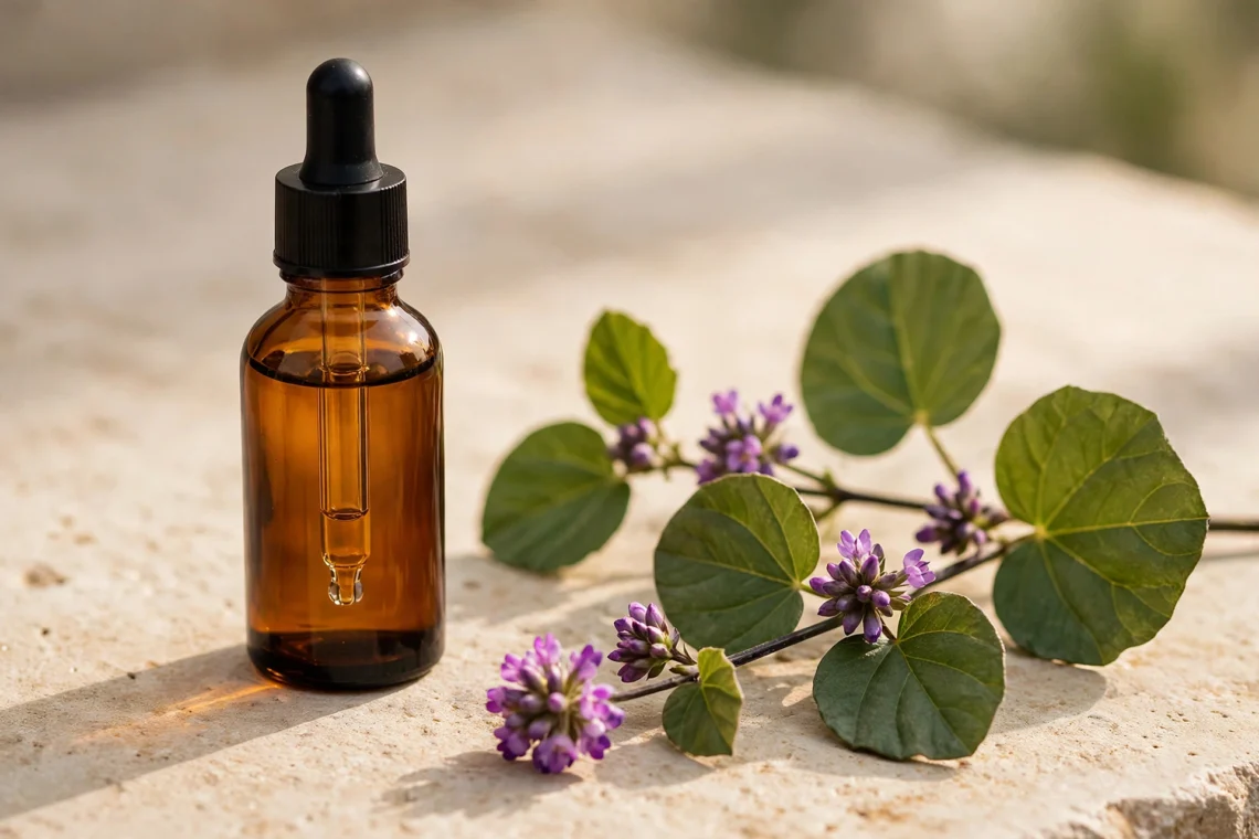Amber glass serum bottle with dropper beside a green plant leaf