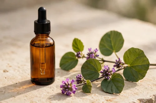 Amber glass serum bottle with dropper beside a green plant leaf