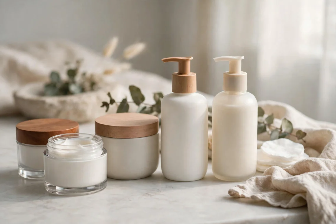 Skincare products arranged on a table