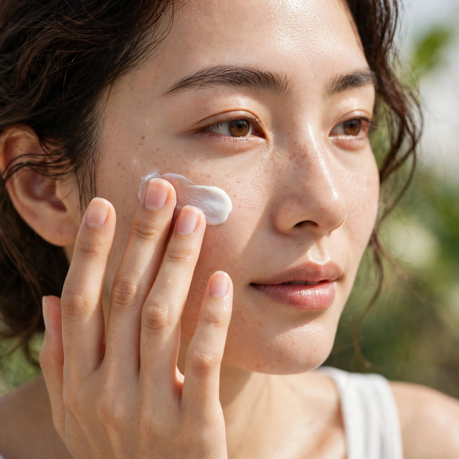 Person applying a lightweight sunscreen lotion to the cheek