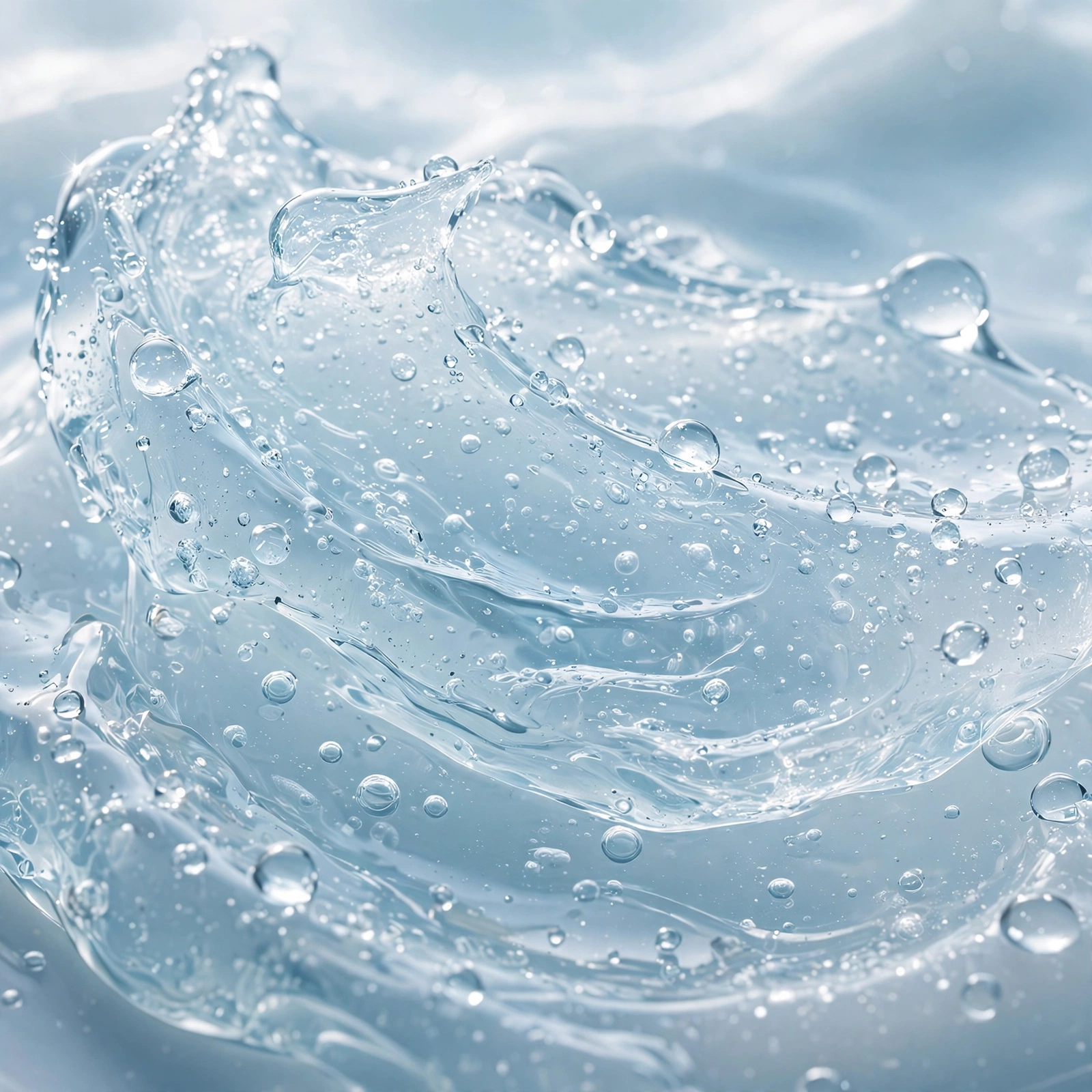 Macro view of watery hydrating toner texture with glistening droplets
