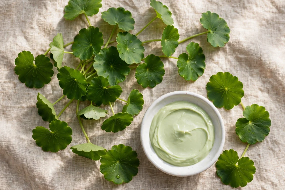 Fresh centella asiatica leaves and green cream dish flat lay
