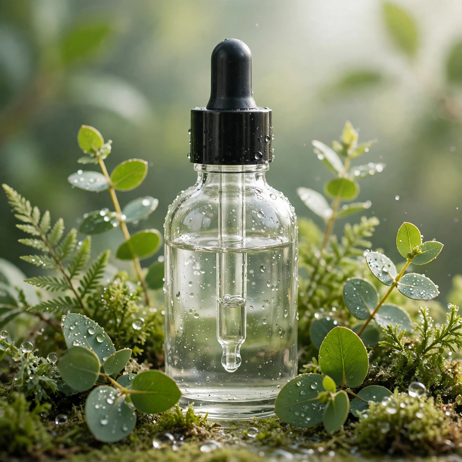Glass serum dropper bottle with green leaves and water droplets