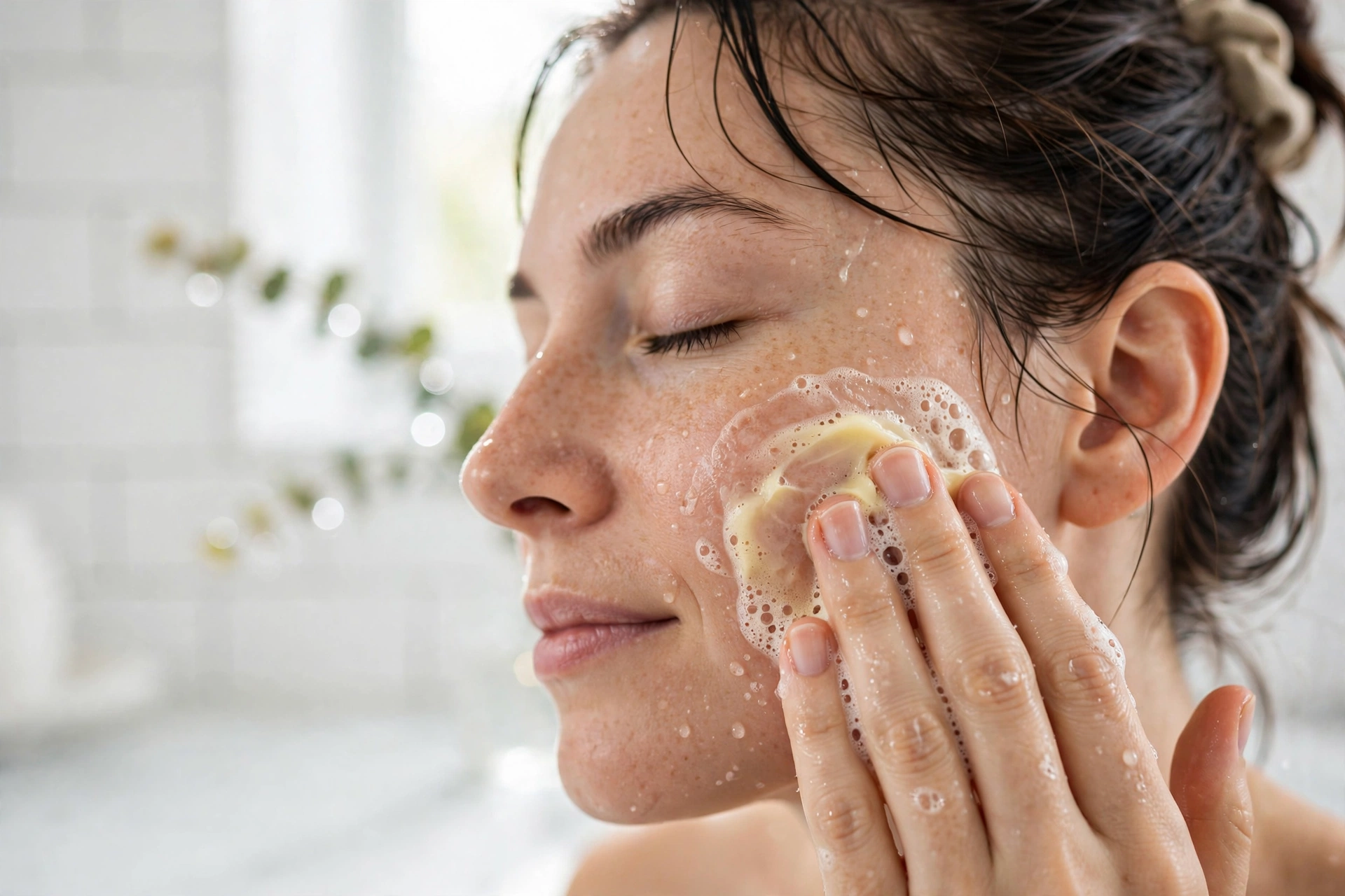 Person gently massaging cleansing balm into the face with fingertips