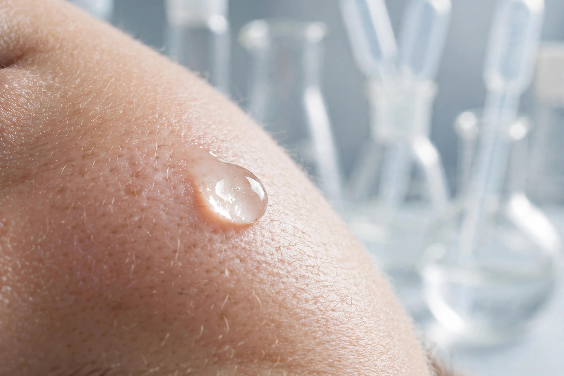 Close-up of dewy cheek with a translucent serum droplet, blurred laboratory glassware in background