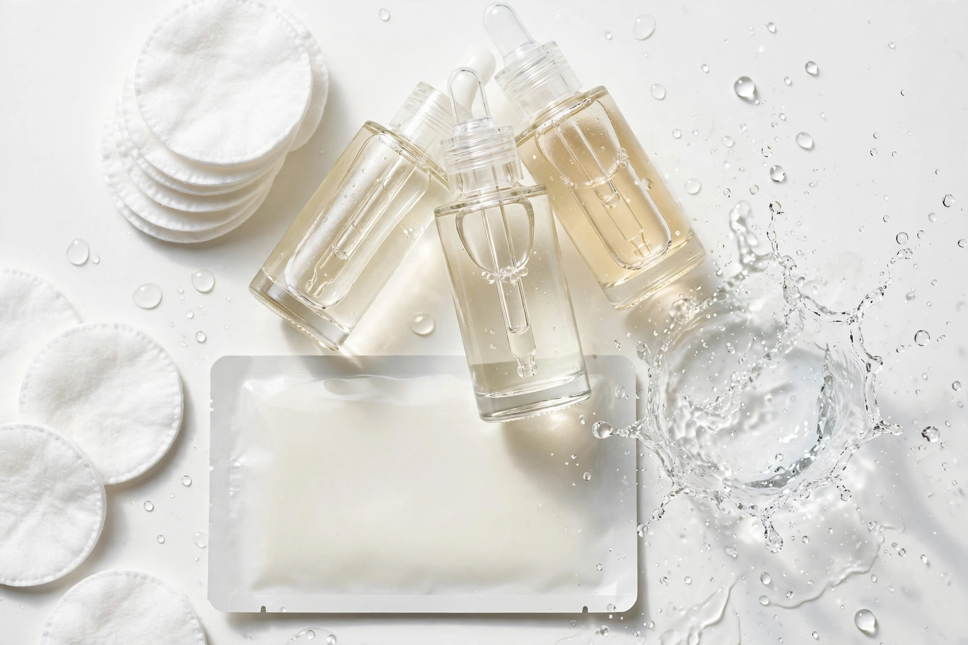 Flat-lay of a layered Korean skincare routine: glass essence bottles, sheet mask, cotton pads and water splash on a clean white background