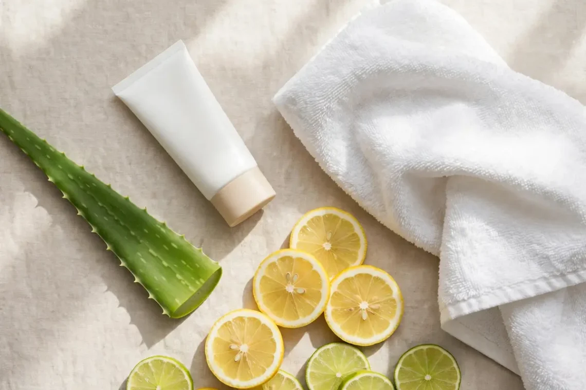 Flat-lay photograph of sunscreen, aloe leaf and citrus on a light background