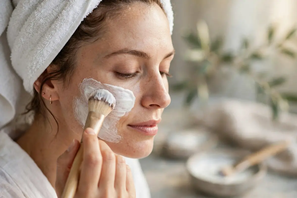 Photograph of a woman applying a gentle cream mask to her cheek