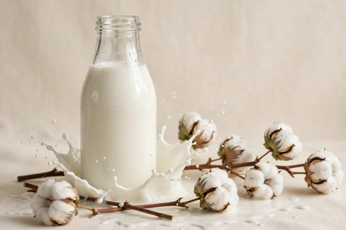 Glass bottle with milk splash and cotton flowers still life
