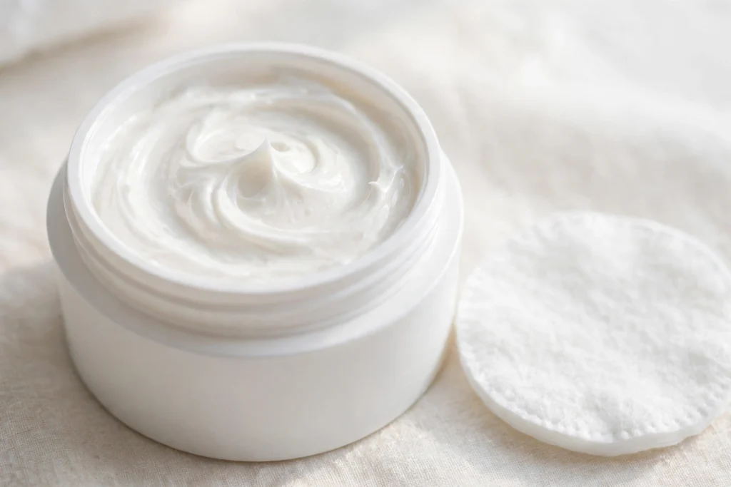 White cream jar with swirl and cotton pad on bright background
