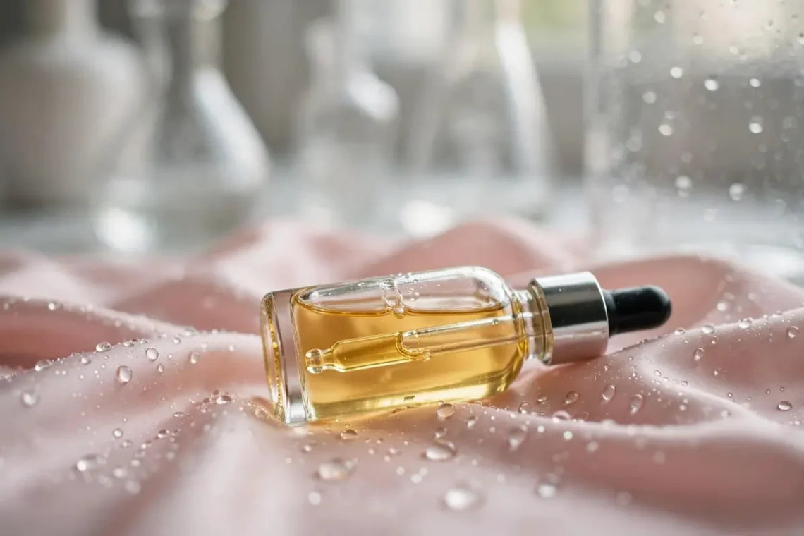 Photograph of a serum dropper bottle with golden liquid on pink silk