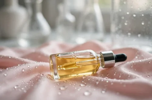Photograph of a serum dropper bottle with golden liquid on pink silk