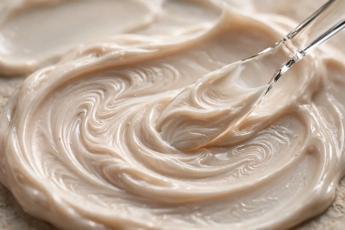 Macro photograph of a pearlescent skincare cream texture swirl