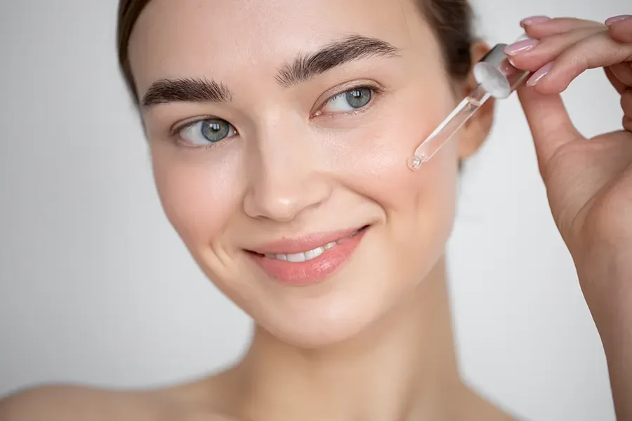 A woman gently applying facial serum with a dropper