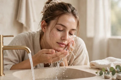 Gentle skincare routine illustration for sensitive, acne-prone skin