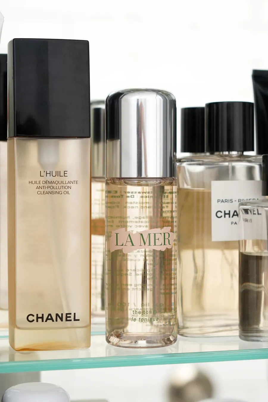 Facial toner bottle on a skincare shelf