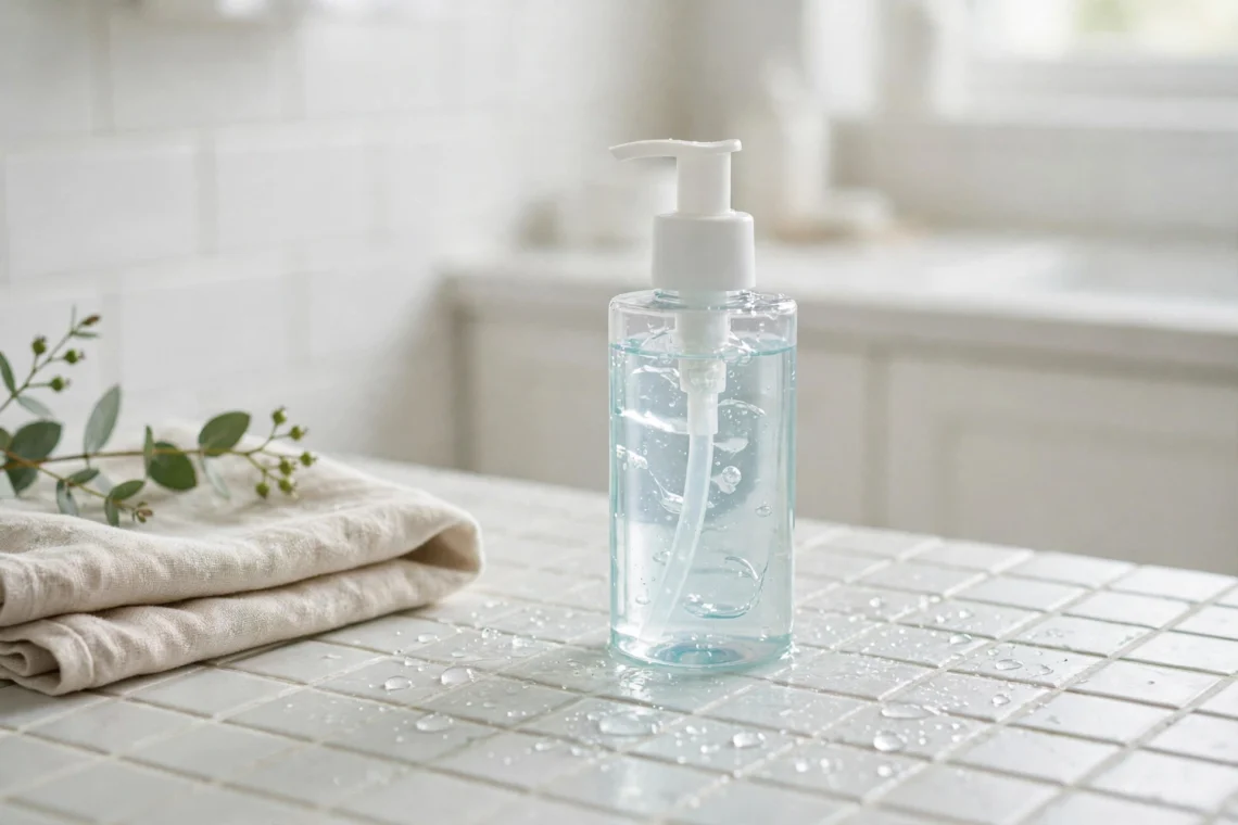 Gel cleanser bottle with water droplets on a bathroom counter