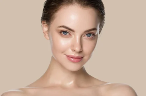 Close-up portrait of a woman with smooth, healthy-looking skin