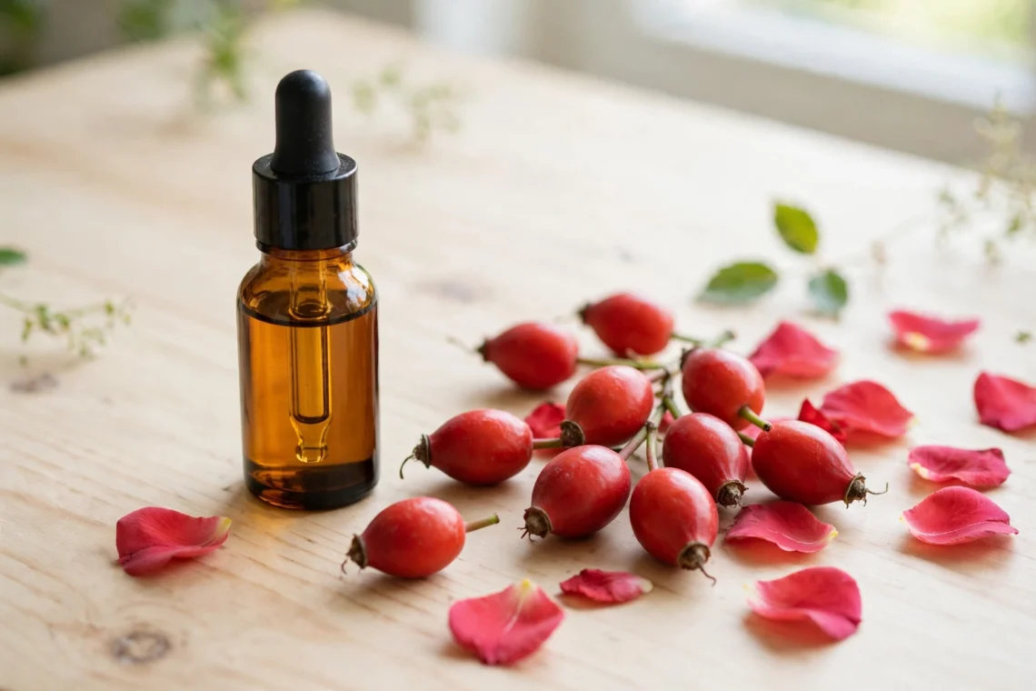 Amber dropper bottle of rosehip oil with rose hips and petals on wood