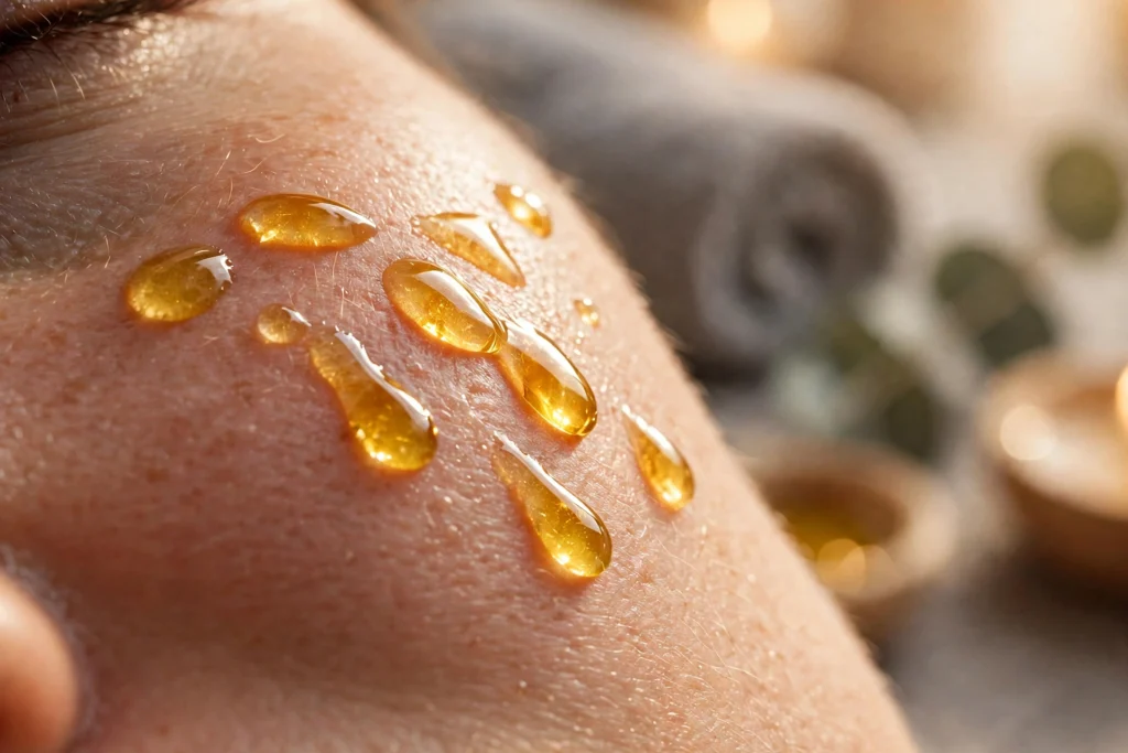 Drops of golden face oil resting on skin near the cheekbone