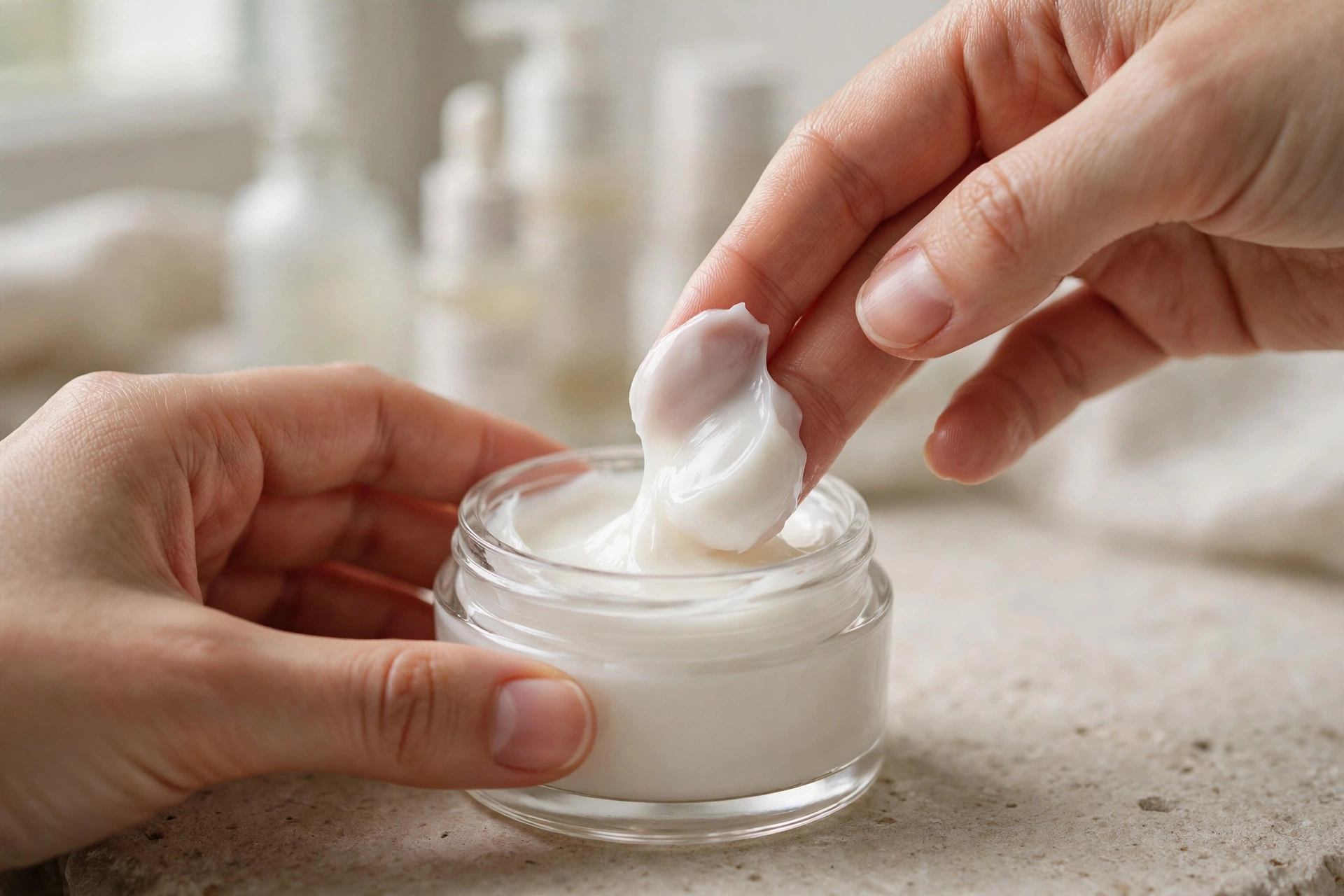 Close-up of fingertips applying thick moisturizing balm from a jar during a nighttime skincare routine
