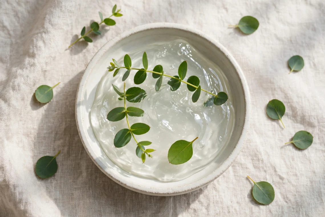 Ceramic dish with translucent skincare gel and fresh green leaves