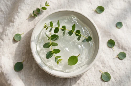 Ceramic dish with translucent skincare gel and fresh green leaves