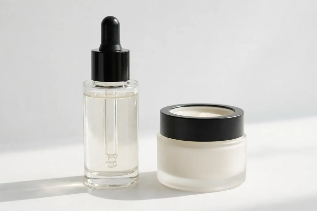 Skincare serum bottle and cream jar arranged on a bright background