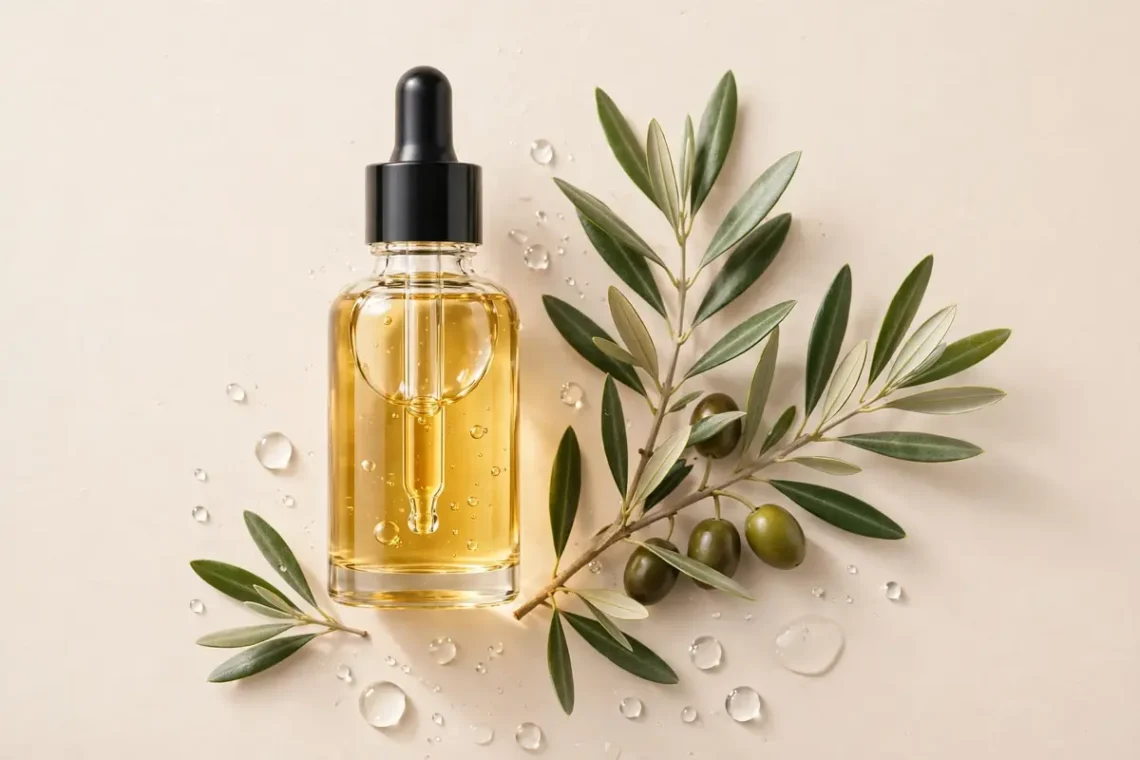 Squalane oil bottle with olive leaves
