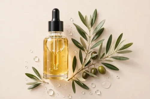 Squalane oil bottle with olive leaves