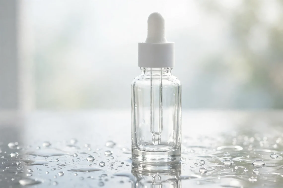 Clear glass serum bottle with white dropper on a dewy reflective surface