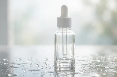 Clear glass serum bottle with white dropper on a dewy reflective surface