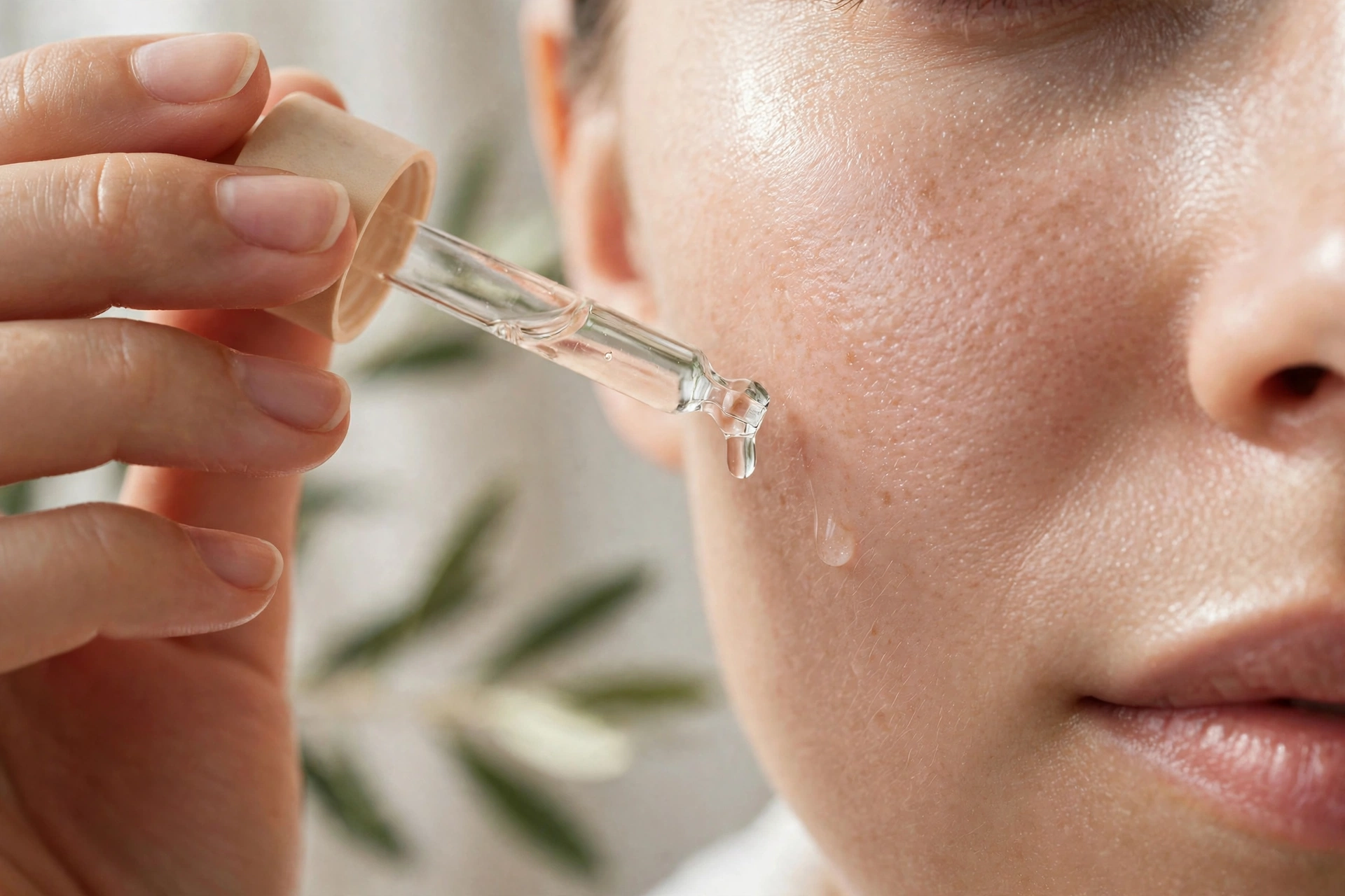 Applying clear serum drops to cheek skin with a dropper